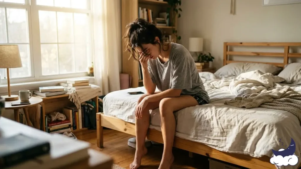 Person experiencing morning fatigue and brain fog due to nocturnal blood sugar spikes.